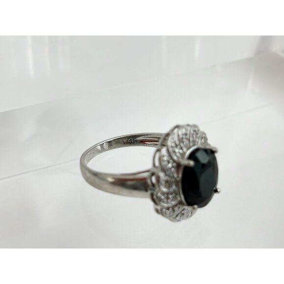 Floral Black Onyx Cubic Zirconia Vintage Sterling Silver Women's Ring - sz 7.75 - Picture 9 of 10